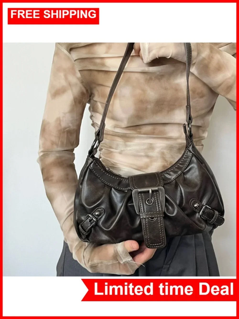 Y2K Faux Leather Hobo Bag, Punk Shoulder Purse with Metal Buckle